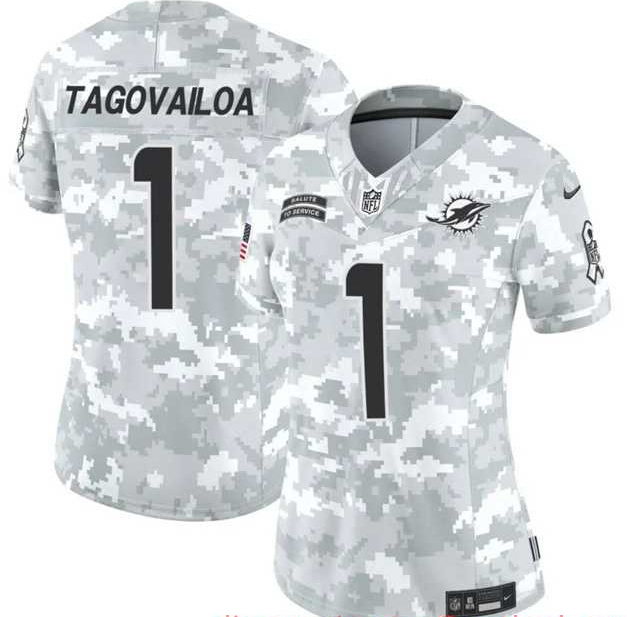 Women%27s Miami Dolphins #1 Tua Tagovailoa 2024 F.U.S.E Arctic Camo Salute To Service Limited Stitched Jersey Dzhi